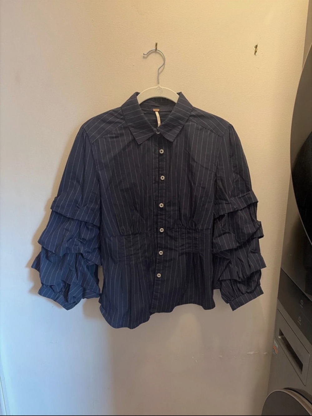 Free People Navy Pinstripe Button-Up Shirt with Collar